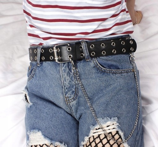 Čierny kožený dámsky opasok Punk Silver Reťaz