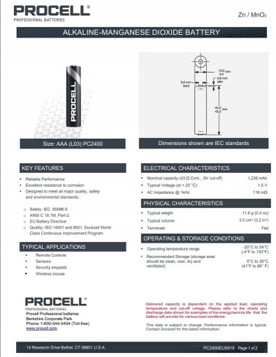 AAA DURACELL PROCELL BATÉRIA, TENKÝ PRST