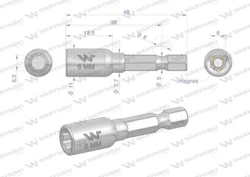6mm nástrčka s držiakom náradia pre skrutkovač, dĺžka 48mm Waryński