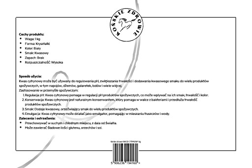 KYSELINA CITRÓNOVÁ Kyselina jedlá E330 1000g Z KOŃSKÉHO ZDROWIE