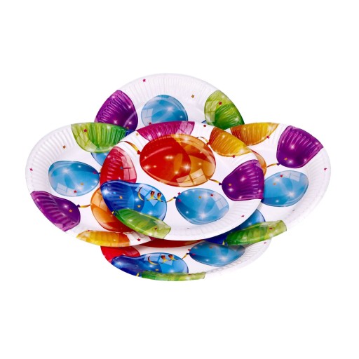 Taniere Narodeninové papierové taniere biele Farebné balóny 20cm 8 ks