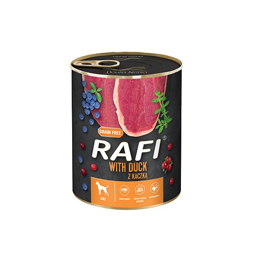 RAFI S KAČAČOU ČUČORNÍKOU A BRUSNICAMI 800G MOKRÉ KRMIVO PRE PSA V KONZE