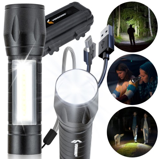 Taktická dobíjacia LED baterka s káblom + súprava pevného puzdra + ZOOM