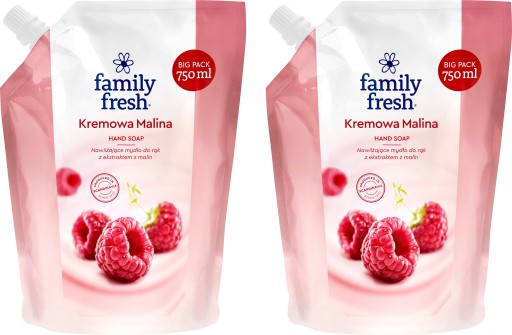 2x FAMILY FRESH Krémové malinové MYDLO NA RUKY Ľahké hydratačné 750ml NÁPLŇ