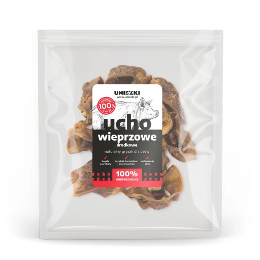 POZDRAVKA pre psov, ŽUVANIE, bravčové stredné ucho, 200g, prírodné UNISZKI