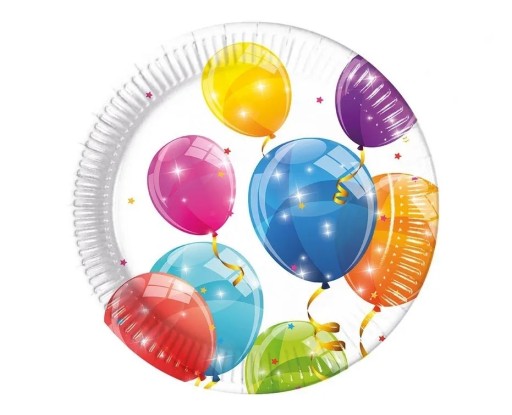 Taniere Narodeninové papierové taniere biele Farebné balóny 20cm 8 ks