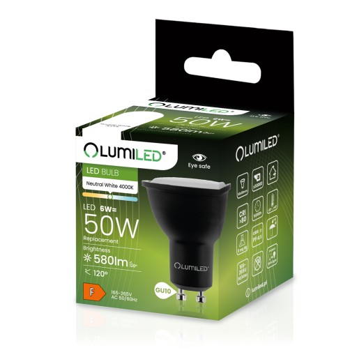 GU10 LED žiarovka 6W = 50W 580lm 4000K NEUTRÁLNA ČIERNA 120° PREMIUM LUMILED