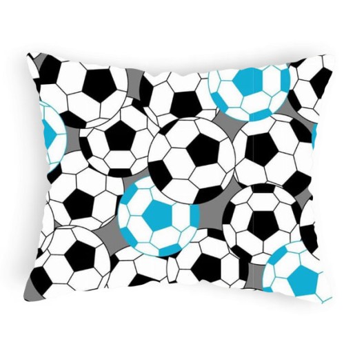 Obliečka na futbalový vankúš 40x60 cm s modrými, bielymi a čiernymi loptičkami