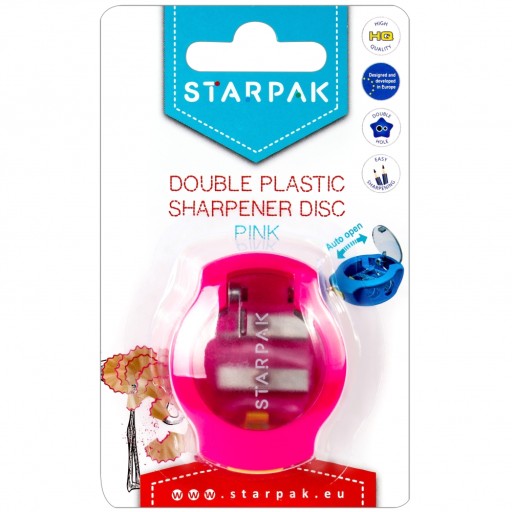 RUŽOVÉ plastové strúhadlo. DOUBLE s nádobou STARPAK, školské orezávače
