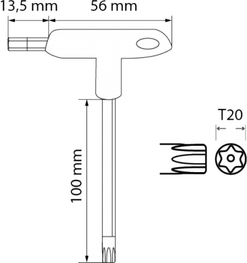 Bezpečnostný kľúč TORX, typ T, dlhý, T20, Hoegert