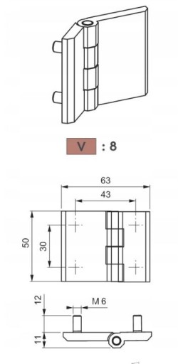 Plochý pánt 63x50 s čapmi, vyrobený z čierneho lakovaného kovu