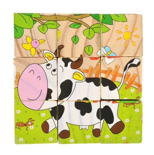 Náučné drevené kocky, logické puzzle pre deti, Farma, 9 prvkov