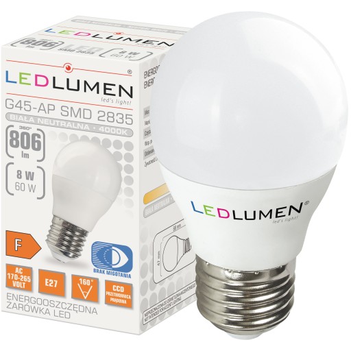 LED žiarovka E27 BALL 8W=60W 806lm 160° CCD No Flicker Neutral 4000K
