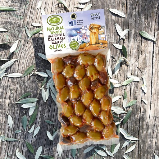KORVEL Olivy (Kalamata-Halkidiki s paprikou), sada dvoch balení, 500g