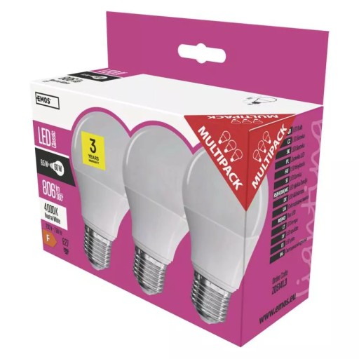 SET 3X LED ŽIAROVKA A60 E27 8,5W (60W) 4000K