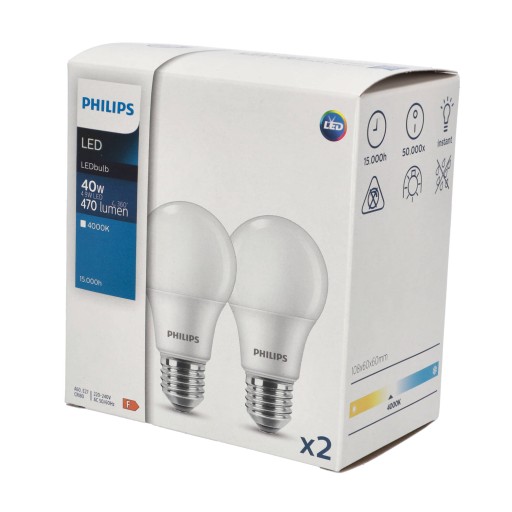 PHILIPS SET 2x E27 LED žiarovka 4,9W = 40W 4000K NEUTRÁLNA BIELA 470lm A60