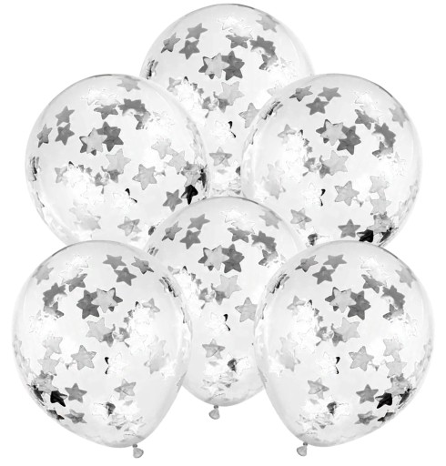 VEĽKÉ TRANSPARENTNÉ BALÓNY KONFETTI SILVER STARS