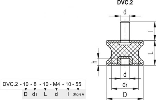Vibroizolátor DVC.2-20-14-15-M6-18-70 - závitový kolík a závitový otvor