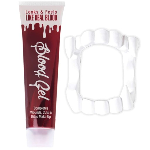 sada UMELÁ KRV v tube 28 ml VAMPIRE JAWS zuby TESY halloween