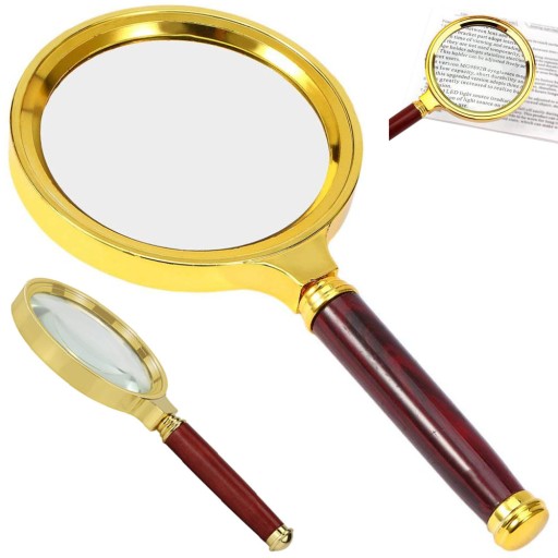 KLASICKÁ RUČNÁ LUPA 6X 90 mm ZLATÉ SKLO ELEGANTNÉ MASÍVNE ŠPERKY