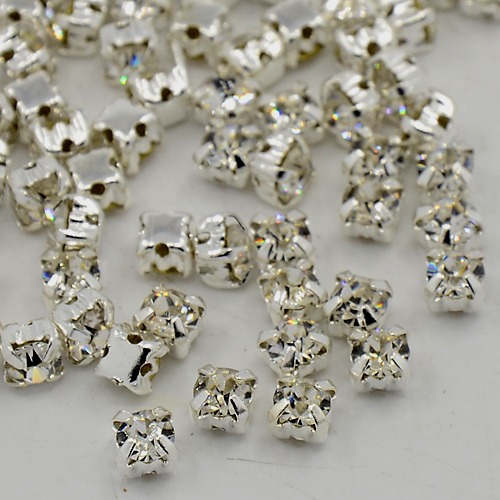 Kamienky na šitie, sklo/mosadz, trieda A, krištáľ, 3-3,2x3-3,2mm, 50ks