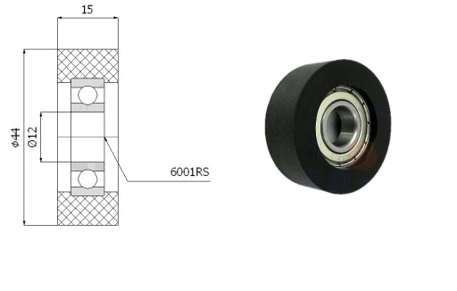 Polyuretánový valček s ložiskom, priemer 44 mm, priemer 12