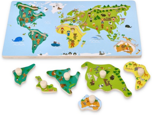 Drevené puzzle s rúčkami MAPA SVETA Edu bloky 30x18cm AdamToys 1+