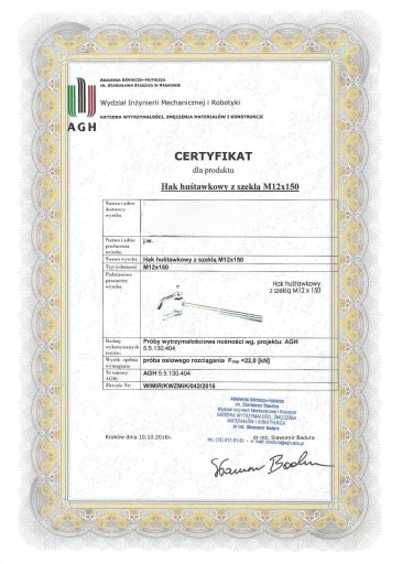 Hojdací hák s okovom M12 CERTIFIKÁT MONTÁŽ