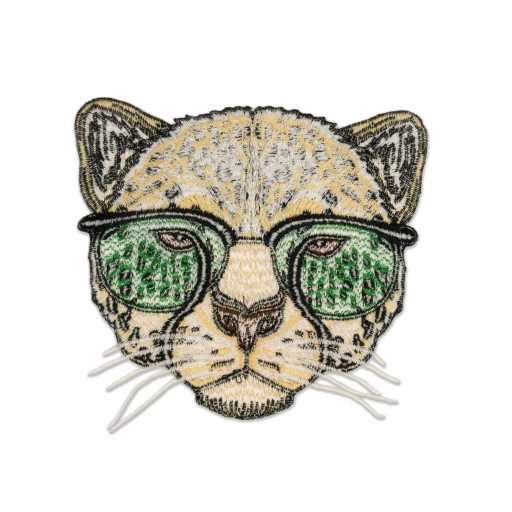 PATCH výšivka Leopardí kocúr so zelenými okuliarmi