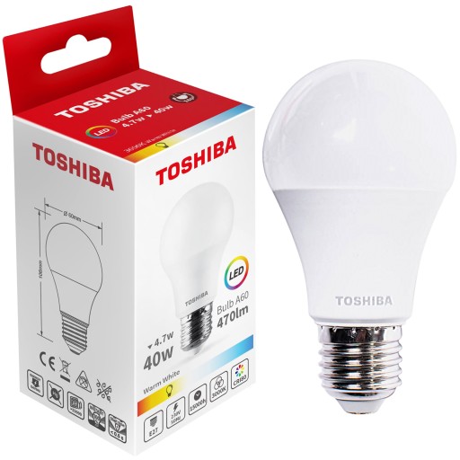 E27 A60 LED žiarovka 4,7W = 40W 470lm 3000K 180° Warm Milky TOSHIBA
