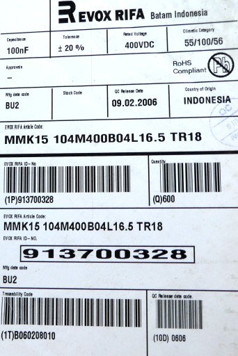 EVOX RIFA fólia 0,1uF 100nF 20% 400V DC 100ks