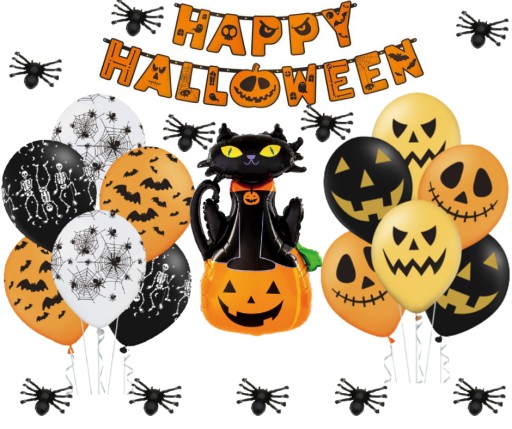 Tekvicový fóliový balónik s čiernou mačkou Halloween