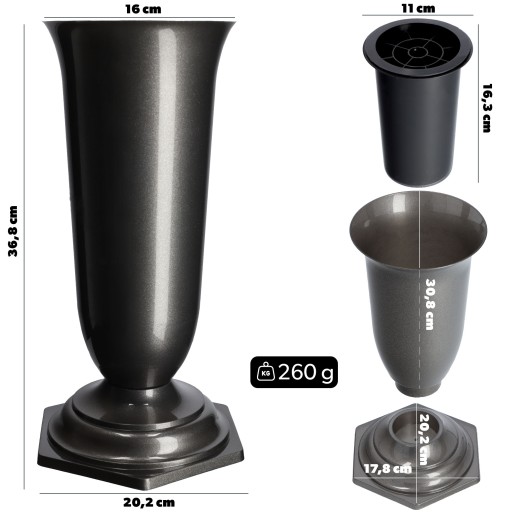 VÁZA NA HODNOTY NA CINTORINOVÝ HROB GRAFIT 37cm S VLOŽKOU