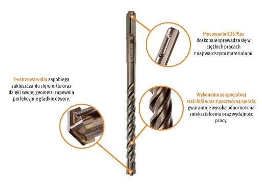 Vrták do betónu Widia - SDS PLUS 4-čepelový 10x360 mm / TEGER