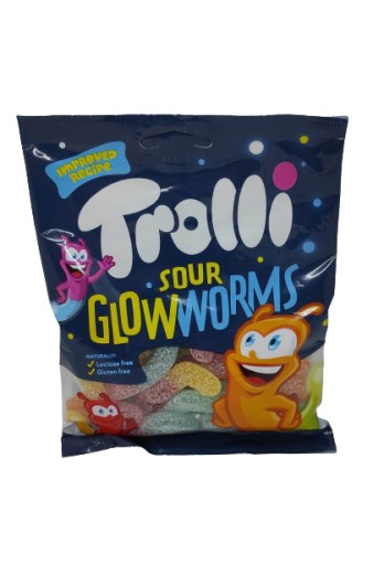 Trolli Sour Glowworms Želé červy s ovocnou príchuťou a kyslou posypkou 100