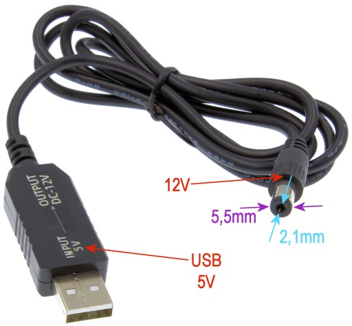 Kábel USB prevodník DC zástrčka 5,5x2,1mm 5V na 12V