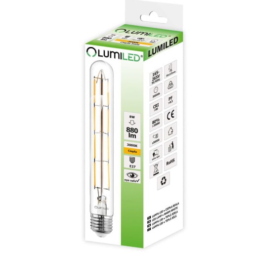 E27 LED žiarovka 8W Filament T30 Tubus 360° 3000K Teplá biela