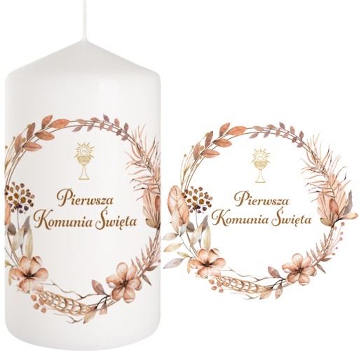 SVIEČKA prijímanie Sviečka Dekorácia na stôl SVÄTÉ prijímanie Boho listy 15cm