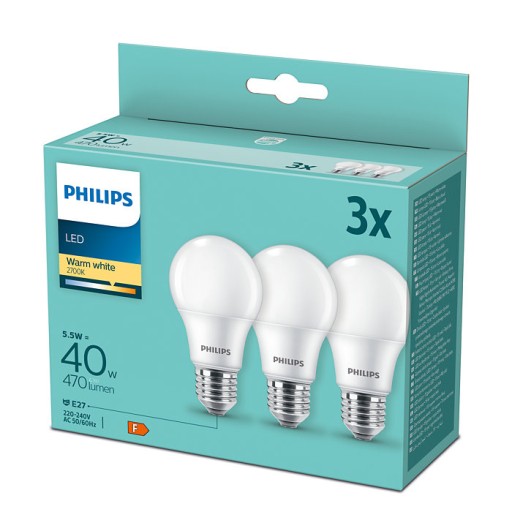 3x E27 PHILIPS LED žiarovka 5,5W = 40W 2700K A60
