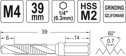 VŔTAČKA NA VŔTAČKY YATO M4 0,7 mm HEX 1/4 OCEL HSS