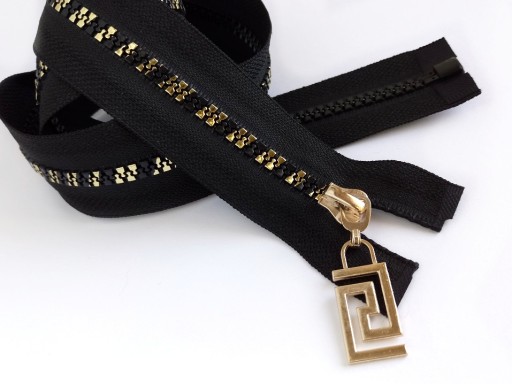 Odevný deliaci zips, čierna a zlatá, grécka, 65 cm