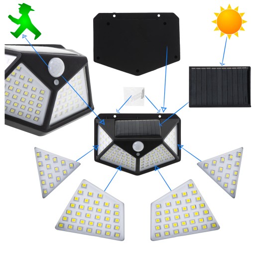 Solárne fasádne nástenné svietidlo, pohybový a súmrakový senzor, 100 LED