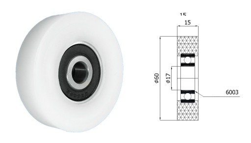 Plastový valček s ložiskom, priemer 60 mm, priemer 17 mm