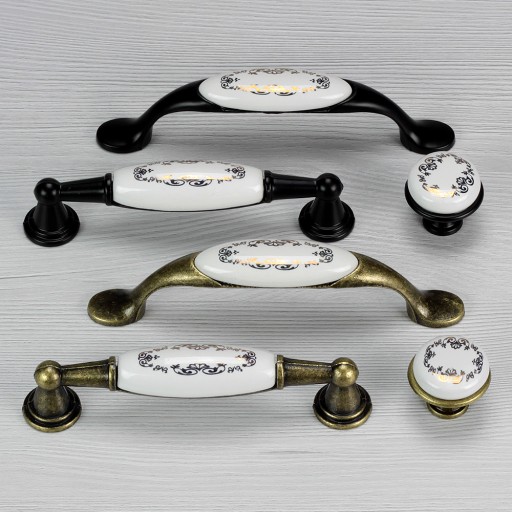 ČIERNY NÁBYTOKOVÝ GOMBÍK PORCELÁNOVÝ KLOBÁK ZÁSUVKY S RETRO VZOROM