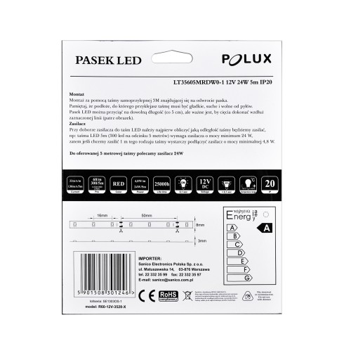 LED pás 12V 5m IP20 červený Polux
