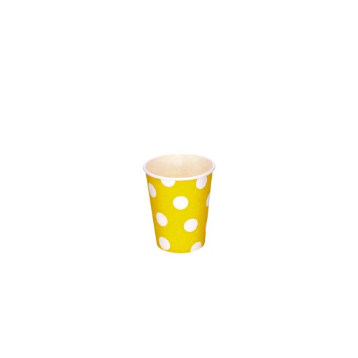 papierové poháre žlté, biele bodky, 270ml/6 ks.