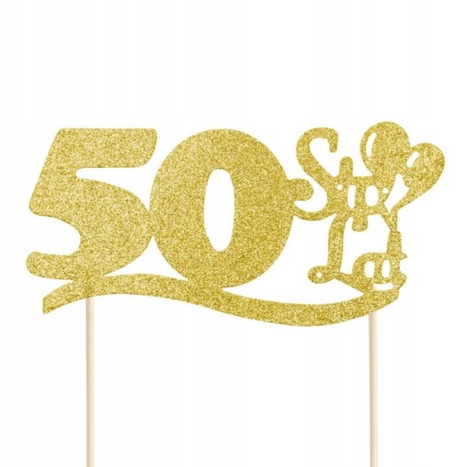 Narodeninový topper 50 HAPPY BIRTHDAY ozdoba na tortu balóniky piker GOLD Glitter