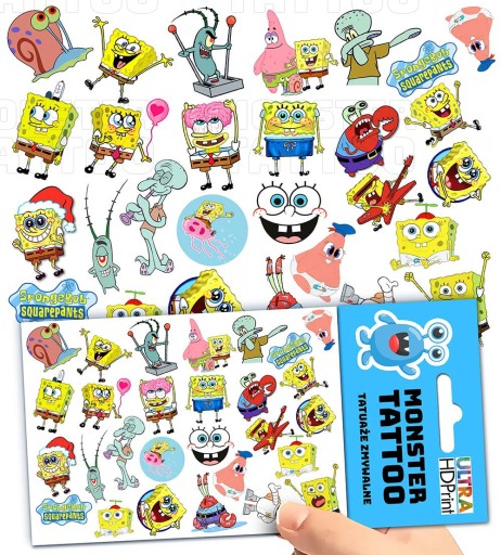 UMÝVAJÚCE DOČASNÉ TETOVANIE PRE DETSKÉ DETSKÉ SPONGEBOB ORIGINÁLNE VZORY