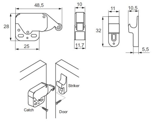 MINI LATCH kovová západka na nábytok PUSH TO OPEN