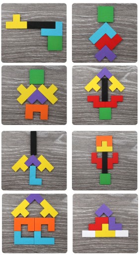 DREVENÉ BLOKY TETRIS PUZZLE 40 ELEM TANGRAM LOGICKÁ HERNÁ SADA